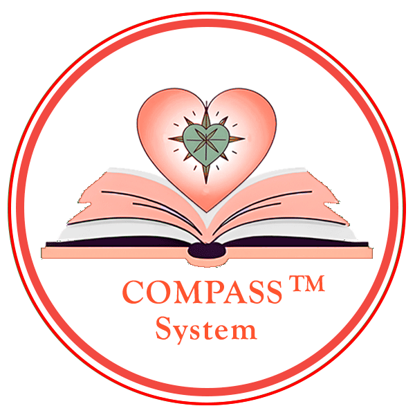 Лого на COMPASS System™ – отворена книга с компас в сърце, символизираща личен път, посока и вътрешна трансформация